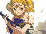  1girl armlet bare_shoulders blonde_hair bracelet braid collarbone commentary_request crown_braid dress earrings facial_mark falling_petals gold_trim green_eyes highres holding holding_sword holding_weapon jewelry looking_at_viewer master_sword mimimimiguchan parted_bangs pendant_choker petals pointy_ears princess_zelda short_hair sidelocks solo strapless strapless_dress sword the_legend_of_zelda the_legend_of_zelda:_tears_of_the_kingdom thick_eyebrows tiara upper_body weapon white_background white_dress 