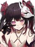  1girl absurdres bare_shoulders bell black_gloves black_hair breasts butterfly-shaped_pupils cleavage collarbone flower_tattoo fox_mask fractalmagnolia gloves highres honkai:_star_rail honkai_(series) jingle_bell long_hair looking_at_viewer mask mask_on_head neck_bell o-ring pink_eyes simple_background solo sparkle_(honkai:_star_rail) tattoo twintails white_background 