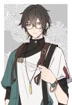  1boy aqua_eyes arm_at_side black_hair black_shirt border bracelet brooch cinnabar2528 closed_mouth dan_heng_(honkai:_star_rail) dan_heng_(next_stop_yi_county)_(honkai:_star_rail) earrings frown glasses green_shirt grey_background hair_between_eyes hand_up highres holding_strap honkai:_star_rail honkai_(series) jewelry layered_shirt layered_sleeves looking_at_viewer male_focus necklace outside_border shirt shirt_under_shirt short_hair short_sleeves sleeves_past_elbows solo split_mouth turtleneck two-tone_shirt upper_body white_border white_shirt 