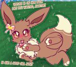 3_toes absurd_res bow_ribbon brown_body brown_fur brown_paws cute_fangs dialogue eevee feet female feral fur generation_1_pokemon good_girl heart_pawpads hi_res justiceposting nintendo on_grass open_mouth outside pawpads pink_pawpads pokemon pokemon_(species) solo text toes white_toes