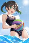  1girl absurdres anniversary ball beach beachball black_hair blue_sky cloud cloudy_sky commentary gradient_hair green_eyes green_hair highres holding holding_ball holding_beachball kyaku_tatsu love_live! love_live!_nijigasaki_high_school_idol_club medium_hair multicolored_hair one-piece_swimsuit polka_dot polka_dot_swimsuit sky smile solo sunlight swimsuit takasaki_yuu twintails upper_body water 