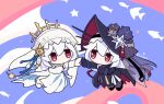  2girls arknights black_dress black_headwear black_veil blue_background chibi commentary_request dress dual_persona empty_eyes fish grey_hair long_hair multicolored_background multiple_girls outstretched_hand pink_background red_eyes signature soppos specter_(arknights) specter_the_unchained_(arknights) specter_the_unchained_(born_as_one)_(arknights) veil white_dress white_headwear 