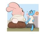  2018 4_fingers anthro blue_fur cartoon_network cat clothing digital_media_(artwork) duo feline female fur husband jeans junyois lagomorph looking_at_viewer looking_back male mammal mature_female nicole_watterson overweight pants pink_fur rabbit rear_view richard_watterson sweat the_amazing_world_of_gumball whiskers whistling wife 