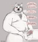 anthro balls beard blush bodily_fluids breath canid canine canis chest_tuft domestic_dog erection facial_hair foreskin fur genital_fluids genitals grey_hair hair hi_res humanoid_genitalia humanoid_penis looking_at_viewer male mammal musk nipples nude oral_request overweight overweight_anthro overweight_male penis precum precum_string rovindeer sitting solo talking_to_viewer thick_penis tuft vein veiny_penis white_body white_fur