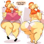 &lt;3 absurd_res animal_crossing anthro big_breasts big_butt biped blonde_hair bottomwear breasts butt canid canine canis clothed clothing dialogue domestic_dog eyelashes female fur hair hi_res huge_breasts huge_butt isabelle_(animal_crossing) lewd_dorky looking_at_viewer looking_back mammal miniskirt nintendo panties pupils shih_tzu skirt smile solo speech_bubble text topless toy_dog underwear yellow_body