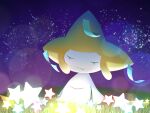  1other arm_support arms_at_sides blurry bokeh closed_eyes closed_mouth colored_skin depth_of_field full_body glowing grass highres jirachi leaning_back night on_ground other_focus outdoors pokemon pokemon_(creature) purple_sky sitting sky sleeping solo split_mouth star_(sky) star_(symbol) starry_sky u_u underlighting uoxvt white_skin 