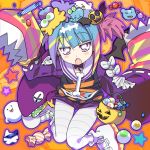  1girl blue_hair blush_stickers bow candy cartoon_bone duel_monster fang food from_above halloween halloween_bucket highres jack-o&#039;-lantern lil-la_(yu-gi-oh!) live_twin_lil-la_treat looking_at_viewer misaka_(missa) multicolored_hair open_mouth pink_hair purple_eyes purple_hair shoes short_twintails sleeves_past_fingers sleeves_past_wrists solo twintails yu-gi-oh! 