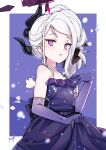  1girl black_horns blue_archive blush dangle_earrings demon_horns dress earrings elbow_gloves gloves halo highres hina_(blue_archive) hina_(dress)_(blue_archive) horns jewelry jin_young-in long_hair multiple_horns necklace official_alternate_costume official_alternate_hairstyle parted_lips pendant purple_dress purple_eyes purple_gloves signature solo strapless strapless_dress white_hair 