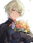  1boy armor black_armor black_gloves bouquet byleth_(fire_emblem) byleth_(male)_(fire_emblem) commentary_request enlightened_byleth_(male) fire_emblem fire_emblem:_three_houses flower gauntlets gloves green_eyes green_hair grin hair_between_eyes head_tilt highres holding holding_bouquet leaf looking_at_viewer male_focus red_flower red_rose rose short_hair simple_background smile solo twitter_username un_tapoi white_background white_flower white_rose 