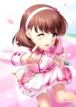  belt brown_hair buttons chain hair_ribbon idolmaster idolmaster_cinderella_girls kira!_mankai_smile long_sleeves microphone miniskirt one_eye_closed open_mouth petals pink_shirt pink_skirt ribbon sakuma_mayu shirt short_hair skirt solo thighs wrist_cuffs zen 