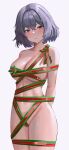  1girl absurdres arms_behind_back bare_shoulders blue_hair blush breasts closed_mouth collarbone commentary crossed_bangs hair_between_eyes highres jesh_art large_breasts looking_at_viewer mole mole_under_mouth naked_ribbon navel original purple_eyes ribbon short_hair solo 