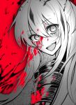  1girl blood blood_on_face blood_splatter crazy_eyes fate/grand_order fate_(series) fufufu_hehehe greyscale_with_colored_background highres long_hair nagao_kagetora_(fate) red_background signature spot_color 
