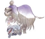  animal_focus bone candle commentary covered_eyes dog e_(pixiv_50139128) evolutionary_line fire from_side full_body gradient_hair greavard grey_hair hair_over_eyes highres houndstone long_hair multicolored_hair no_humans object_on_head open_mouth pawpads pokemon pokemon_(creature) purple_fire purple_hair sidelocks tombstone two-tone_hair white_hair 