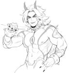  1boy abs arataki_itto bara biceps black_nails body_markings collar earrings fangs genshin_impact horns jewelry large_pectorals long_hair maiqo male_focus monochrome nipples one_eye_closed pectorals sketch thick_eyebrows 