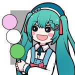  1girl :d absurdres alternate_costume aqua_hair black_eyes blue_headwear blush_stickers border dango food grey_background hair_ornament hatsune_miku highres long_hair long_sleeves open_mouth outside_border oversized_food oversized_object rennkurusu sanshoku_dango shirt smile solo sparkling_eyes twintails upper_body vocaloid wagashi white_border white_shirt 