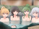  4girls alternate_hairstyle blonde_hair blue_eyes breasts brown_eyes brown_hair cleavage green_hair hair_bun hakurei_reimu highres izayoi_sakuya kirisame_marisa kochiya_sanae long_hair looking_at_viewer looking_down miyo_(ranthath) multiple_girls nude onsen ponytail short_hair sidelocks smile touhou translation_request yellow_eyes yukkuri_shiteitte_ne 