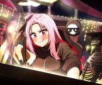  1girl black_jacket black_nails blush chair ddolbang death-sensei_(mori_calliope) gaming_chair highres holding holding_stylus hololive hololive_english jacket long_hair looking_at_viewer mori_calliope nail_polish red_eyes skeleton stylus swivel_chair virtual_youtuber zipper zipper_pull_tab 