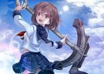  anchor anchor_symbol black_legwear blue_sky brown_hair cloud fang hair_ornament hairclip ikazuchi_(kantai_collection) kantai_collection navel neckerchief open_mouth pleated_skirt school_uniform serafuku short_hair skirt sky solo sunlight thighhighs water_drop yatsu_seisakusho 