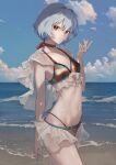  1girl absurdres arm_at_side ayanami_rei beach bikini blue_hair blue_sky choker cloud cloudy_sky commentary_request cowboy_shot day expressionless flat_chest frilled_bikini frills hand_up highres kissshotmagia looking_at_viewer neon_genesis_evangelion ocean outdoors parted_lips red_choker red_eyes sand shore short_hair sky solo standing swimsuit 