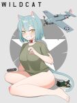  1girl a6m_zero aircraft airplane animal_ear_fluff animal_ears artist_name atamonica bandaid bandaid_on_arm bandaid_on_face bare_legs blue_hair blush breasts cat_ears cat_girl cat_tail choker english_commentary f4f_wildcat gauze gauze_on_arm green_shirt grin hair_between_eyes hand_up highres large_breasts legs looking_at_viewer military_vehicle motor_vehicle multicolored_choker original personification raised_eyebrow red_choker shirt short_hair sitting smile solo stuffed_toy tail torn_clothes torn_shirt united_states_navy vehicle_and_personification vehicle_name white_choker yellow_eyes yokozuwari 