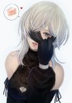  10h_(nier_reincarnation) 1girl bare_shoulders black_gloves blindfold blue_eyes cake cleavage_cutout clothing_cutout detached_sleeves food gloves highres medium_hair mitsuki_nite nier_(series) nier_reincarnation one_eye_covered parted_lips puffy_sleeves red_lips solo speech_bubble white_hair 