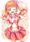  aikatsu! aikatsu!_(series) bangs birthday braid checkered crown_braid gloves hair_ribbon happy_birthday highres long_hair looking_at_viewer microphone one_eye_closed oozora_akari orange_hair pink_eyes ribbon round_teeth shirato_sayuri signature solo star star_print star_tattoo tattoo teeth thighhighs zettai_ryouiki 