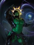  1boy abs absurdres aldrich_(4giogio4) asymmetrical_hair bara bare_pectorals beard borrowed_character bulge clothing_cutout colored_skin crotchless crotchless_pants energy_ball facial_hair feet_out_of_frame full_beard gift_art glowing glowing_eyes green_skin halo_behind_head highres hip_vent large_pectorals latex_pants looking_at_viewer male_focus mature_male monster_boy muscular muscular_male navel nipples orc original pants pectorals pointy_ears saltypoundcake short_hair shrugging sidecut smile solo stomach strongman_waist sweat thick_beard thick_eyebrows thick_thighs thigh_cutout thighs tusks umbrakinesis undercut v yellow_eyes 