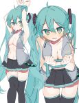  1girl absurdres ahoge aqua_eyes aqua_hair aqua_necktie aqua_trim armpits arms_up bare_shoulders black_skirt blush bound breasts cleavage closed_mouth collarbone collared_shirt double-parted_bangs feet_out_of_frame grey_shirt hair_between_eyes hatsune_miku heart heart-shaped_pupils highres lace-trimmed_shirt lace_trim leaning_forward long_hair looking_at_viewer medium_breasts miniskirt navel necktie necktie_around_wrists no_bra nose_blush number_tattoo open_clothes open_mouth open_shirt pleated_skirt projected_inset shirt simple_background skindentation skirt sleeveless sleeveless_shirt sweat symbol-shaped_pupils tattoo thigh_gap thighhighs tsuchinoko_(tutituti0125) twintails unbuttoned very_long_hair vocaloid wavy_mouth white_background zettai_ryouiki 