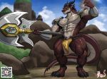 5_fingers abs anthro biped claws countershade_face countershade_tail countershade_torso countershading dragon fingers hi_res holding_object holding_weapon male masterelrest muscular muscular_anthro muscular_male pecs qr_code scalie solo tail weapon
