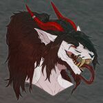 ambiguous_gender brown_hair bust_portrait canid canine canis dragon grimmwolf hair hi_res horn hybrid long_hair mammal maoshan orange_eyes portrait red_horn red_sclera scales solo teeth tongue tongue_out white_body white_scales wolf