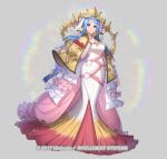  1girl blue_eyes blue_hair dress essual_(layer_world) fire_emblem fire_emblem_engage fire_emblem_heroes full_body gold_crown looking_at_viewer lumera_(fire_emblem) multicolored_clothes official_alternate_costume official_art solo white_dress 