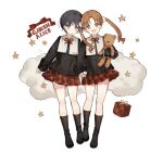  2girls :d black_footwear black_hair black_jacket blush boots bow bowtie box brown_eyes brown_hair cloud copyright_name full_body gakuen_alice gift gift_box holding holding_hands holding_stuffed_toy imai_hotaru jacket knee_boots long_hair long_sleeves looking_at_viewer miniskirt mr._bear_(gakuen_alice) multiple_girls open_mouth plaid plaid_skirt pleated_skirt puffy_long_sleeves puffy_sleeves purple_eyes red_bow red_bowtie red_skirt sakura_mikan school_uniform short_hair simple_background skirt smile star_(symbol) starshadowmagician stuffed_animal stuffed_toy teddy_bear white_background 
