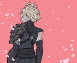  1boy armor belt black_gloves black_skirt blonde_hair cherry_blossoms cloud_strife cloud_strife_(murasame) elbow_gloves facing_away falling_petals final_fantasy final_fantasy_vii final_fantasy_vii_ever_crisis final_fantasy_vii_remake gloves japanese_armor kiki_lala male_focus official_alternate_costume petals pink_background short_hair shoulder_armor sketch skirt sleeveless sleeveless_turtleneck solo spiked_hair turtleneck upper_body 