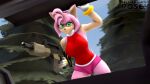 3d_(artwork) absurd_res amy_rose anthro big_breasts breasts canid canine clothed clothing detailed_background digital_media_(artwork) ear_piercing ear_ring eulipotyphlan eyewear female fur glasses gloves green_eyes gun handwear hedgehog hi_res holding_gun holding_object holding_weapon lieutenantrosey looking_at_viewer mammal open_mouth outside piercing pink_body pink_fur plant raccoon_dog ranged_weapon ring_piercing sega sky solo sonic_the_hedgehog_(series) source_filmmaker tail tan_body tanuki tree warfare_amy watermark weapon