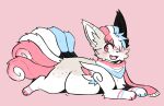 2023 ambiguous_gender aquafresh_(sylve0n) belly blue_body blue_fur blue_hair blush blush_lines feral fur generation_1_pokemon hair hi_res lying multi_tail multicolored_hair multicolored_tail nintendo on_front pink_body pink_fur pink_hair pokemon pokemon_(species) scarf solo tail tan_body tan_fur transtorracat vulpix white_body white_fur white_hair