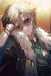  1boy aqua_shirt aventurine_(honkai:_star_rail) black_gloves blonde_hair bracelet closed_mouth clothing_cutout collared_shirt ear_piercing earrings fur_trim glasses gloves hair_between_eyes honkai:_star_rail honkai_(series) jewelry light_smile looking_at_viewer male_focus pectoral_cleavage pectorals piercing ring rowya shirt short_hair solo sunglasses upper_body 