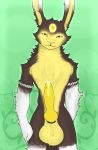  2018 anthro balls big_balls big_penis brown_fur cock_ring easter fur glowing glowing_eyes hi_res himerosthegod holidays huge_balls huge_penis knot lagomorph magic male mammal muscular penis precum rabbit simple_background solo var_arden_(himeros) white_fur yellow_fur yellow_penis 