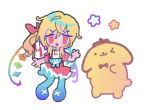  1boy 1girl animal_hat beret black_bow black_bowtie blonde_hair bow bowtie brown_headwear chibi crossover crystal dog dog_hat dress embodiment_of_scarlet_devil flandre_scarlet hat melps mole mole_under_eye name_connection one_eye_closed pompompurin red_dress red_eyes sanrio star_(symbol) touhou v v-shaped_eyebrows white_background wings 