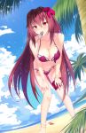  anklet ass_visible_through_thighs ball bangle bangs barefoot beach beachball bikini bird blue_sky blush bracelet breasts cleavage cloud collarbone day dutch_angle eyebrows_visible_through_hair fate/grand_order fate_(series) feng_mouren flower food food_in_mouth hair_flower hair_ornament hands_on_own_thighs hanging_breasts hibiscus highres horizon jewelry large_breasts light_particles long_hair looking_at_viewer mouth_hold nail_polish navel ocean outdoors palm_tree pink_bikini pink_nails popsicle purple_hair red_eyes sand scathach_(fate)_(all) scathach_(swimsuit_assassin)_(fate) shiny shiny_hair shiny_skin shore sky solo sparkle standing standing_on_one_leg stomach straight_hair swimsuit toenail_polish tree very_long_hair water 