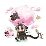  1boy animal_on_head arknights belt black_jacket brown_hair chibi chong_yue_(arknights) colored_shadow commentary_request dolly_(arknights) dragon_boy dragon_horns dragon_tail highres horns jacket long_hair looking_up male_focus o_o on_head pants parted_bangs pointy_ears red_belt red_eyes shadow sheep simple_background smile soppos tail white_background white_pants 