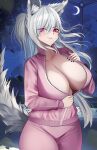  1girl animal_ear_fluff animal_ears black_nails breasts cleavage cloud collarbone commission cowboy_shot crescent_moon discordia_(vtuber) eyes_visible_through_hair falling_leaves fox_ears fox_girl fox_tail gdat grey_hair hair_between_eyes highres jacket large_breasts leaf long_hair moon night night_sky pants parted_lips partially_unzipped pink_eyes pink_jacket pink_pants ponytail sky solo tail track_suit vfleet virtual_youtuber zipper_pull_tab 