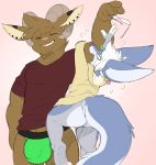  2019 anthro backsash bottomless bulge butt canine caprine clothed clothing digital_media_(artwork) duo ear_piercing eyes_closed eyewear female fennec fox fur glasses hair horn male mammal muscular muscular_male open_mouth piercing shirt simple_background size_difference smile standing underwear 