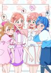  4girls :t ? absurdres akizora_(aki_precure) arm_hug black_border blue_eyes blue_hair blue_shirt blue_skirt blue_theme border bow brown_hair commentary dress flying_sweatdrops frilled_shirt frills frown green_eyes hair_bun half-closed_eyes heart highres hirogaru_sky!_precure in-franchise_crossover inukai_iroha inukai_komugi medium_skirt midriff motion_lines multiple_girls navel nijigaoka_mashiro one_eye_closed open_mouth paw_print paw_print_background petting pink_bow pink_dress pink_hair pink_shorts precure red_eyes shirt short_dress short_sleeves shorts side_ponytail single_hair_bun skirt smile sora_harewataru spoken_flying_sweatdrops spoken_heart spoken_question_mark spoken_squiggle squiggle suspender_shorts suspenders sweatdrop translated white_bow white_dress white_shirt wonderful_precure! 