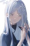  1girl absurdres blue_archive blue_bow bow cjsdh1000 closed_mouth grey_eyes grey_hair hair_ornament halo hands_in_own_hair haori highres japanese_clothes kimono long_hair nagusa_(blue_archive) simple_background snowflake_hair_ornament solo upper_body white_background white_kimono 
