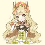  bow butterfly_hair_ornament celine_(fire_emblem) cross-laced_clothes cross-laced_dress crown dress dress_bow fire_emblem fire_emblem_engage green_eyes hair_ornament long_hair m_ouo_314 orange_bow orange_gemstone orange_wristband princess wrist_bow yellow_dress 