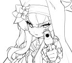  1girl angry animal_ear_headwear blue_archive coif desert_eagle flower frilled_sleeves frills greyscale gun habit halo handgun hat hat_flower highres holding holding_gun holding_weapon honi_(honi1010) long_hair long_sleeves looking_at_viewer mari_(blue_archive) monochrome neckerchief nun open_mouth sailor_collar simple_background solo upper_body weapon white_background 