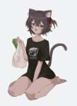  1girl absurdres animal_ear_fluff animal_ears bag barefoot between_legs black_shirt brown_hair cat_ears cat_girl cat_tail fang full_body hair_between_eyes hand_between_legs hand_up highres holding holding_bag kgt_(pixiv12957613) looking_at_viewer no_pants one_side_up open_mouth original plastic_bag print_shirt seiza shirt shopping_bag short_hair short_sleeves simple_background sitting skin_fang solo t-shirt tail tail_raised white_background 