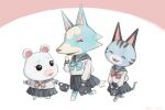  3girls :3 ^_^ animal_crossing aqua_bow aqua_bowtie artist_name bag black_bag black_sailor_collar black_skirt bow bowtie briefcase cat_girl closed_eyes commentary_request flurry_(animal_crossing) fox_girl furry furry_female hamster_girl hand_up highres holding holding_bag kaji_(oni_atat) laughing lolly_(animal_crossing) long_sleeves looking_at_another looking_back multiple_girls open_mouth pink_background pink_bow pink_bowtie pleated_skirt red_bow red_bowtie sailor_collar school_briefcase school_uniform serafuku shirt simple_background skirt skye_(animal_crossing) sleeve_cuffs smile twitter_username two-tone_background walking white_background white_shirt 