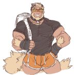  1boy arcanine bag bara beanie beard blonde_hair body_fur bulge chest_hair_peek covered_nipples cropped_legs dog_tail dolphin_shorts facial_hair full_beard gloves grin hat highres juggermelon large_pectorals light_brown_hair looking_at_viewer male_focus mature_male muscular muscular_male orange-tinted_eyewear pectorals pokemon short_hair short_shorts shorts shoulder_bag smile solo sunglasses tail thick_arm_hair thick_beard thick_eyebrows thighs tinted_eyewear unfinished 
