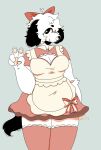 anthro beagle black_ears black_tail blue_background bow_ribbon canid canine canis clothing collared_shirt domestic_dog fawnpawss female floppy_ears frilly fur gesture hi_res hunting_dog legwear looking_at_viewer maid_apron maid_uniform mammal pepper_(fawnpawss) pepper_(puppkittyfan1) pink_clothing scent_hound simple_background slightly_chubby solo tail thigh_highs uniform v_sign white_body white_fur